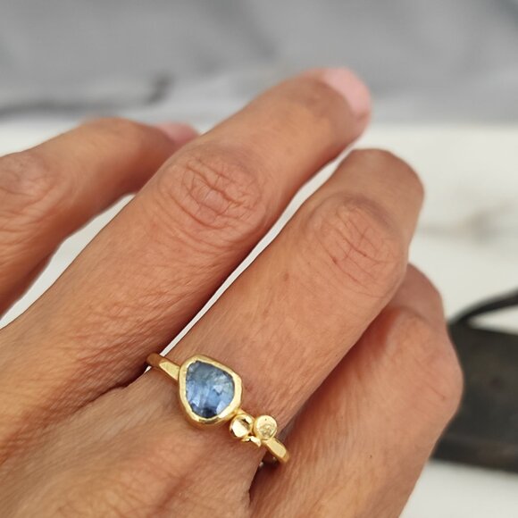 Moissanite ring. 14K yellow gold ring with Blue Moissanite. UNIQUE - Picture 8 of 11